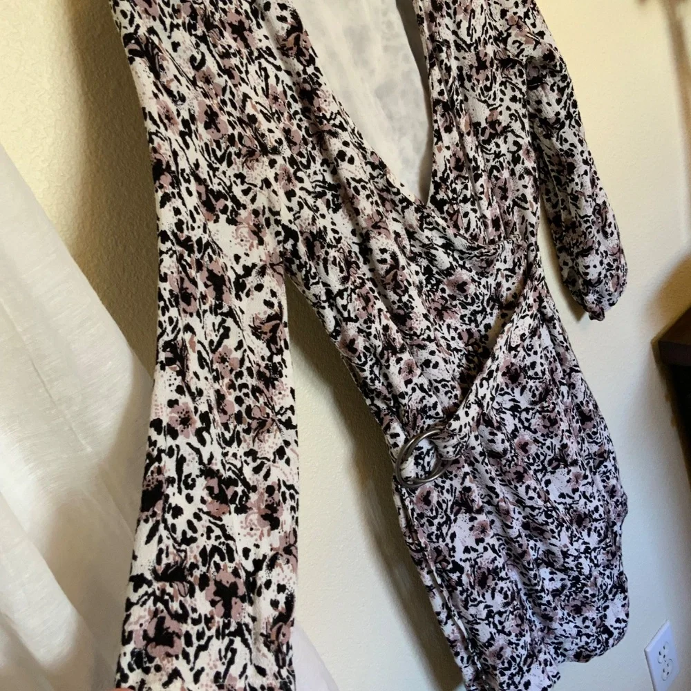 Free People Wrap Dress Leopard Print Pink Black Belted Size Medium